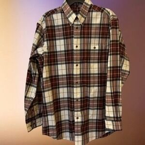 ORVIS Men's Shirt‎ Large Button Down Long Sleeve Brown White Plaid Pattern
